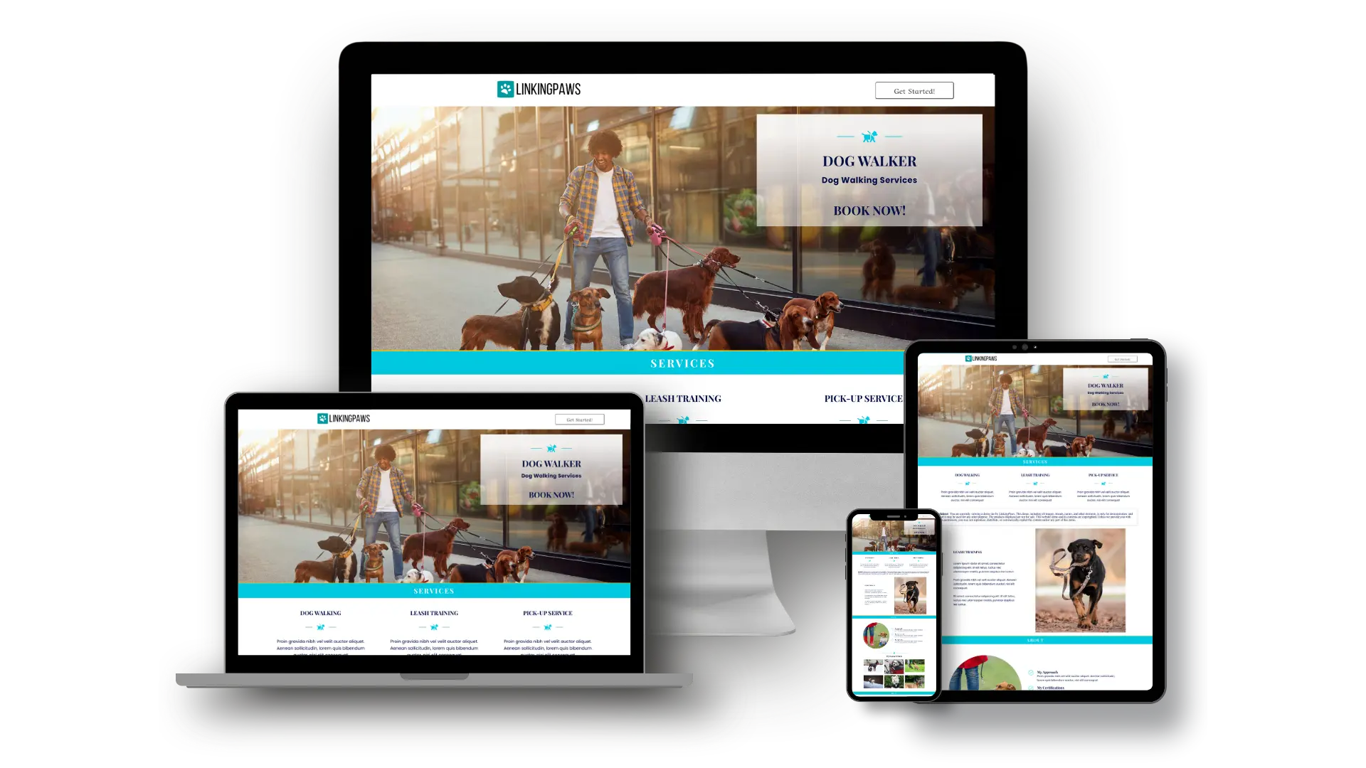 Dog Walker Website Template Demo Cover Dog walker website template, turnkey website demo with built-in SEO content, social media, newsletters and add-on automations