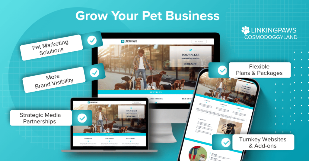 A dog walker website demo shows pet marketing tools to grow: turnkey website template, monthly plans, packages, pet industry niche media solutions